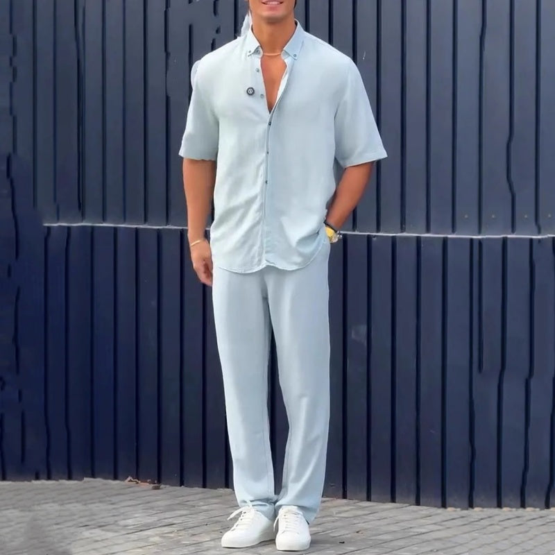 Camisa de manga corta para hombre con solapa lisa y pantalón, conjunto de 2 piezas