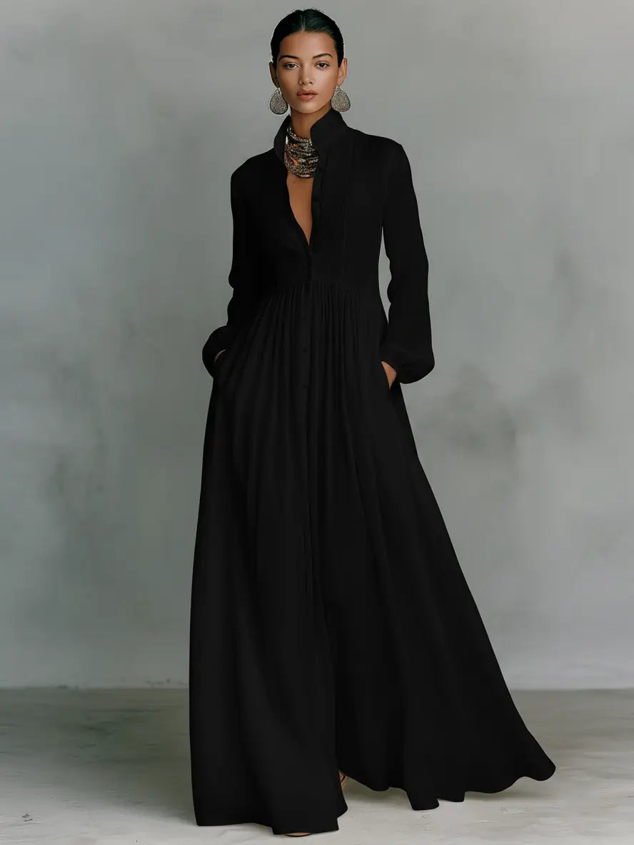 AURORA|VESTIDO MAXI MINIMALISTA CUELLO MAO