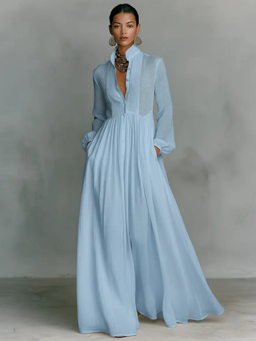 AURORA|VESTIDO MAXI MINIMALISTA CUELLO MAO
