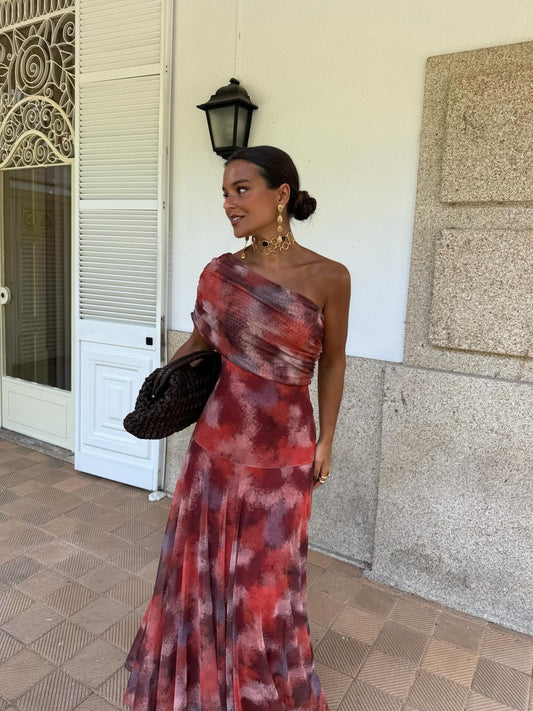Carlota |Vestido fluido estampado rojo tierra