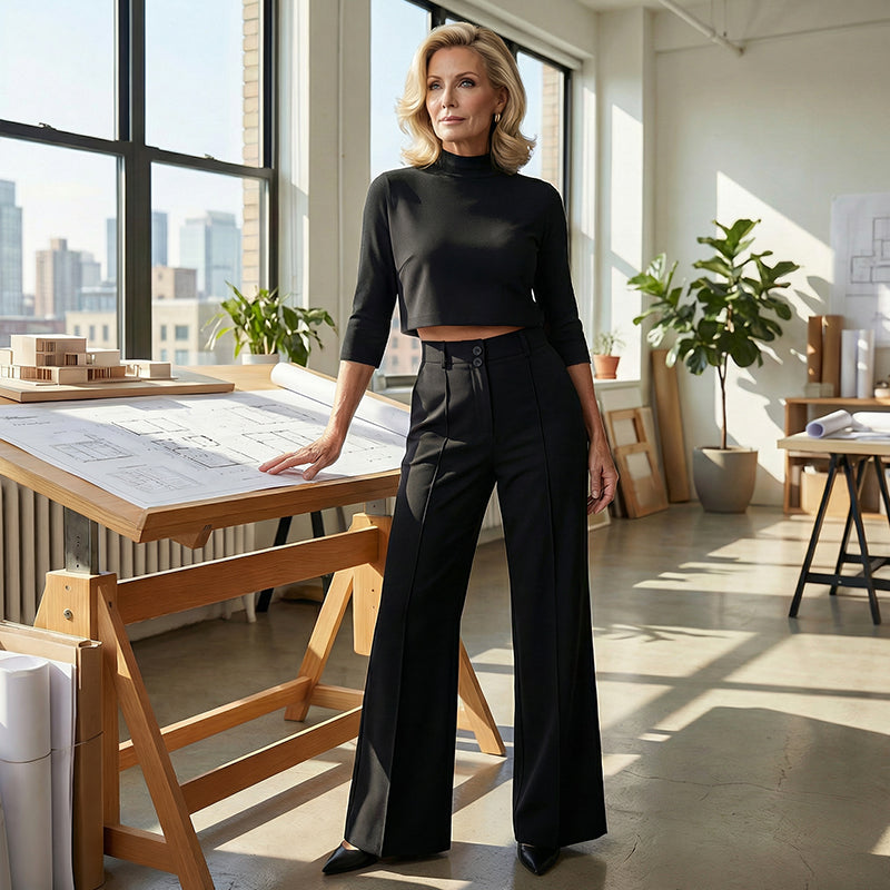 Elegante conjunto compuesto por top corto y pantalón ancho para mujer.