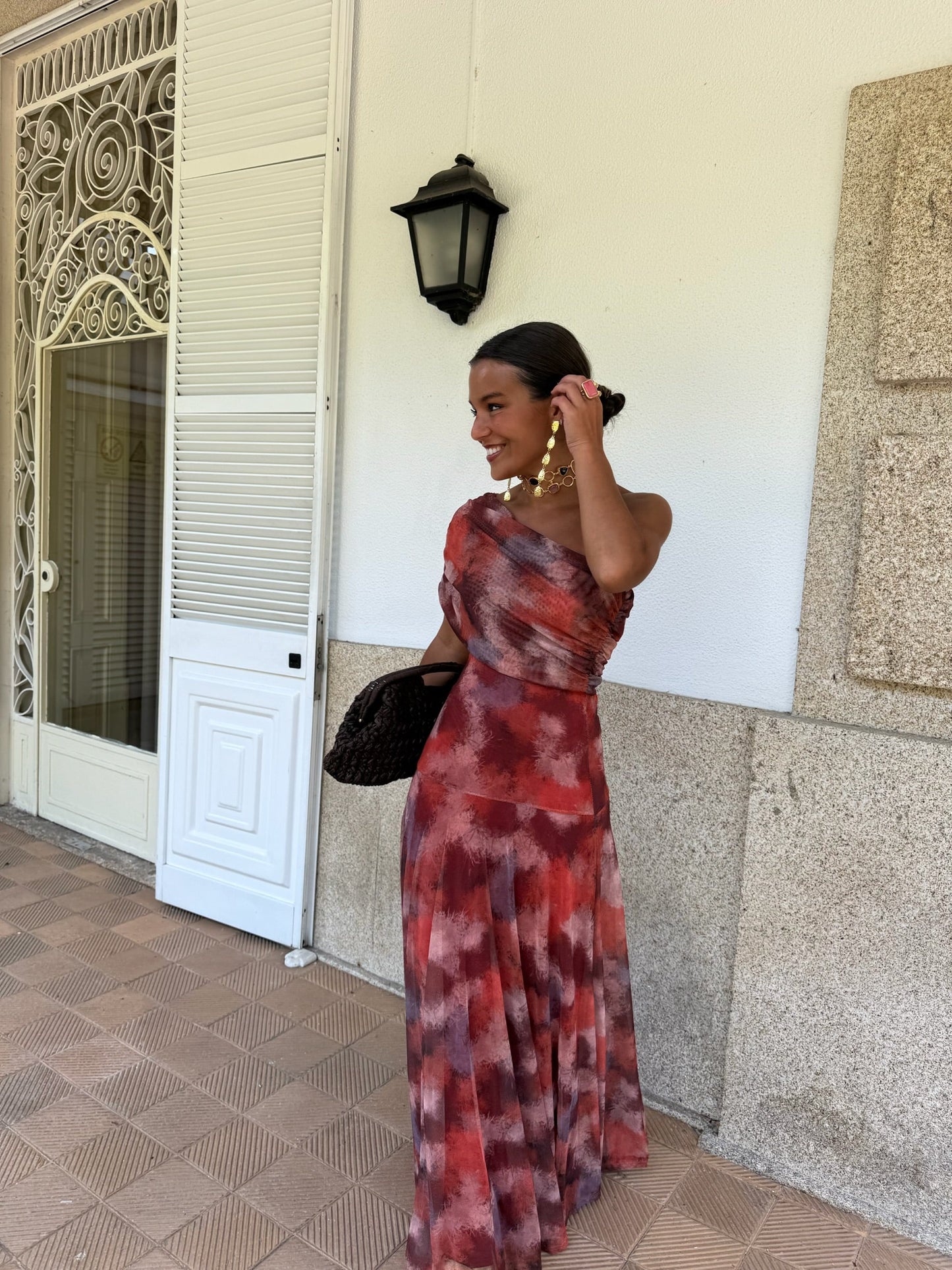 Carlota |Vestido fluido estampado rojo tierra