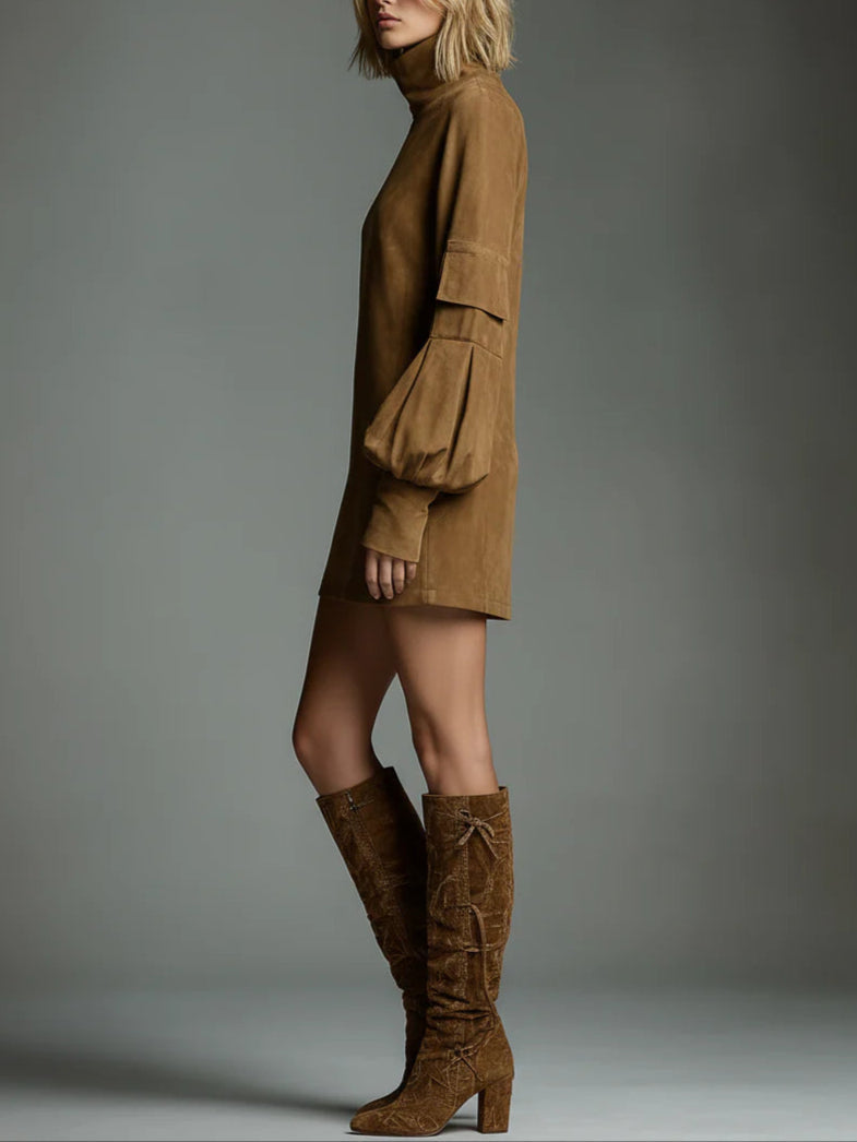 Bela - Minivestido holgado de ante con cuello alto