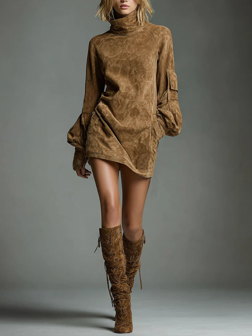 Bela - Minivestido holgado de ante con cuello alto