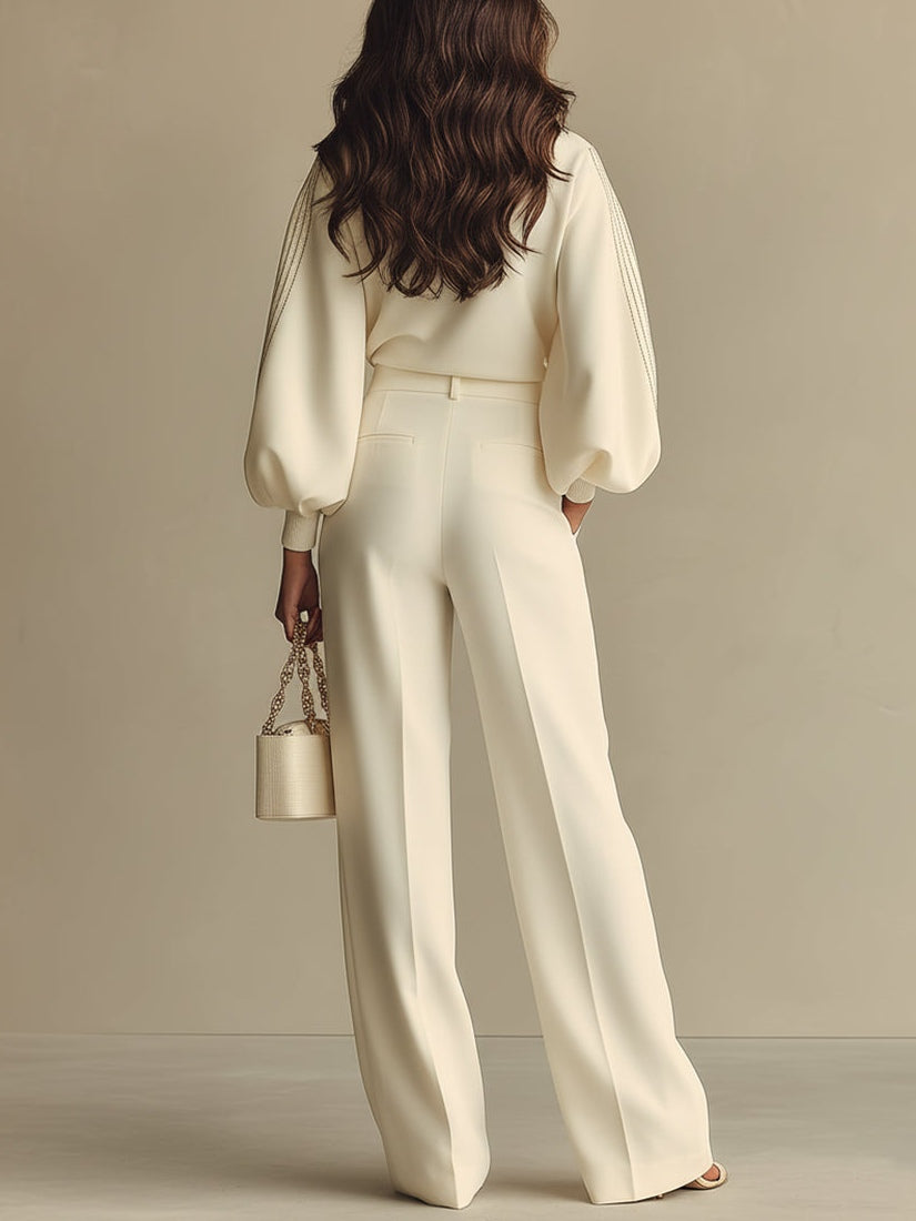 LARA| CONJUNTO MARFIL CUELLO REDONDO PANTALÓN ANCHO