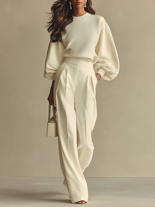 LARA| CONJUNTO MARFIL CUELLO REDONDO PANTALÓN ANCHO