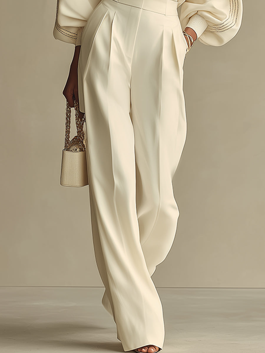 LARA| CONJUNTO MARFIL CUELLO REDONDO PANTALÓN ANCHO