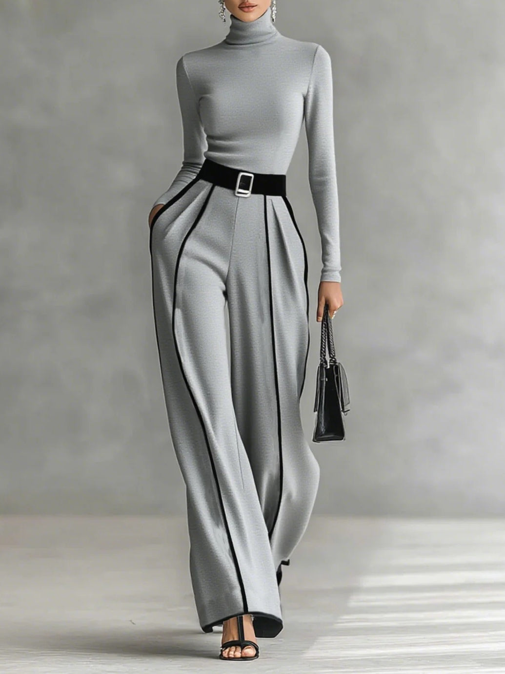 Soraya - Conjunto de tops de cuello alto con mangas largas y pantalones de pierna ancha con cinturón