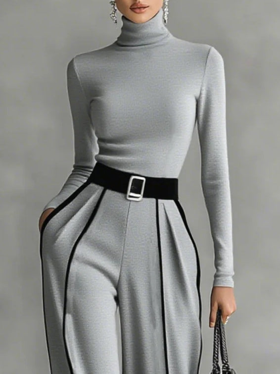 Soraya - Conjunto de tops de cuello alto con mangas largas y pantalones de pierna ancha con cinturón