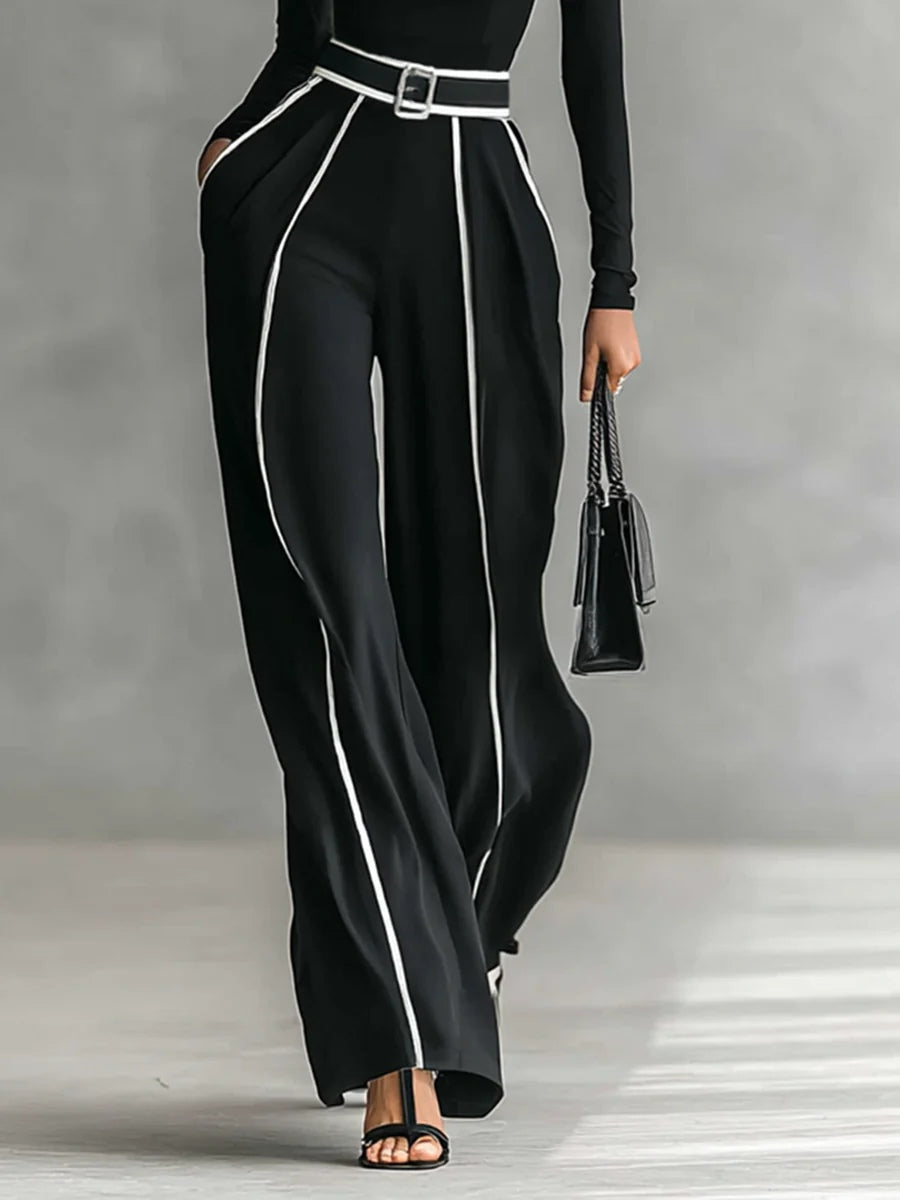 Soraya - Conjunto de tops de cuello alto con mangas largas y pantalones de pierna ancha con cinturón