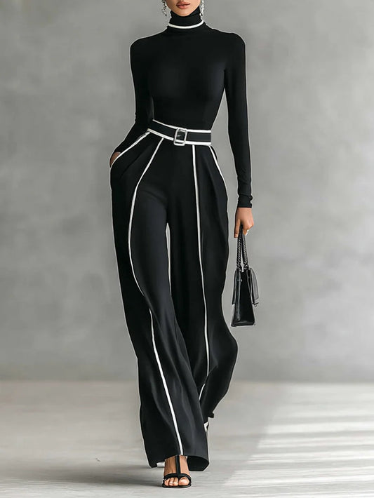 Soraya - Conjunto de tops de cuello alto con mangas largas y pantalones de pierna ancha con cinturón