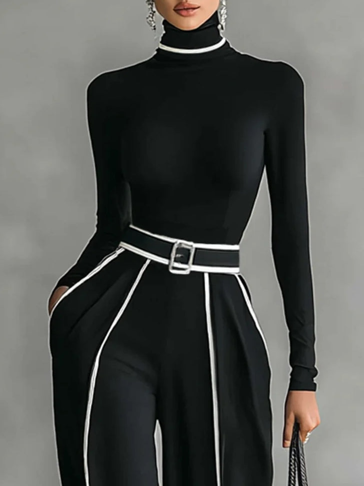 Soraya - Conjunto de tops de cuello alto con mangas largas y pantalones de pierna ancha con cinturón