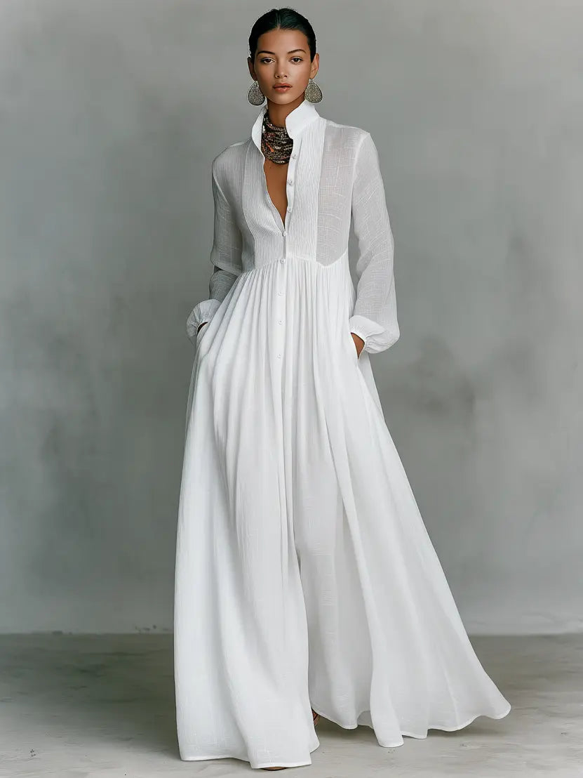 AURORA|VESTIDO MAXI MINIMALISTA CUELLO MAO