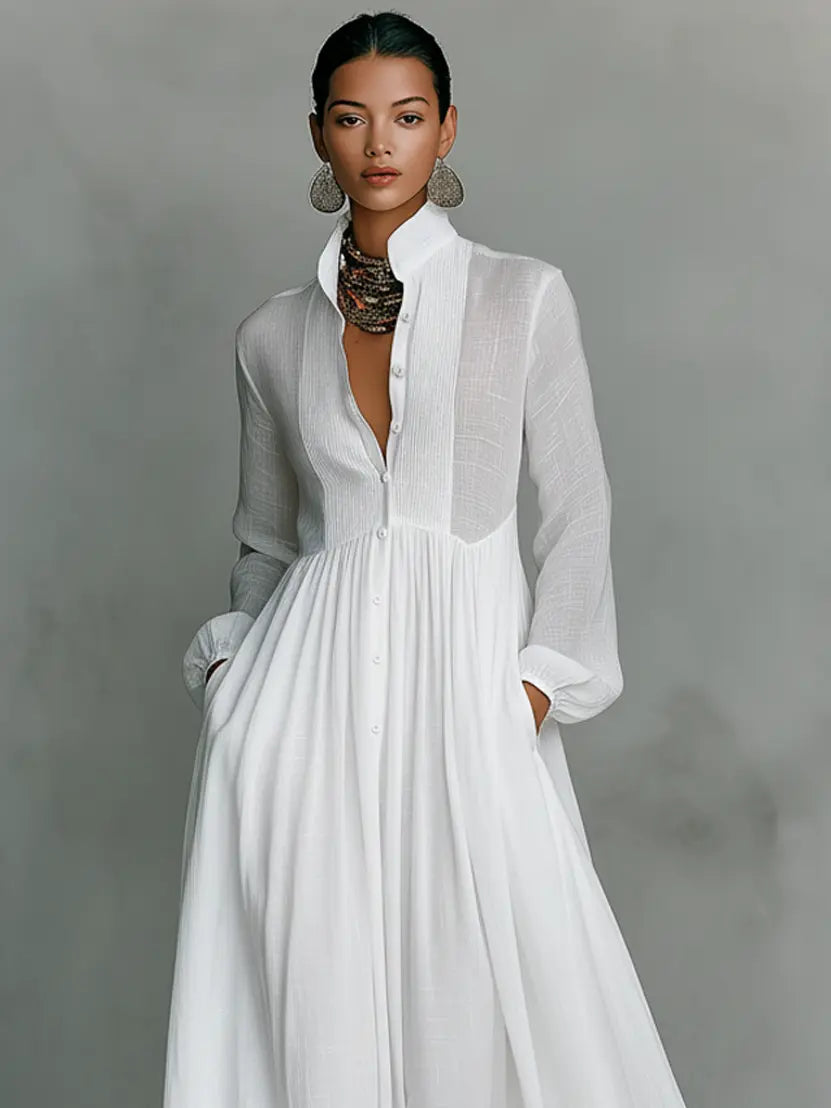 AURORA|VESTIDO MAXI MINIMALISTA CUELLO MAO