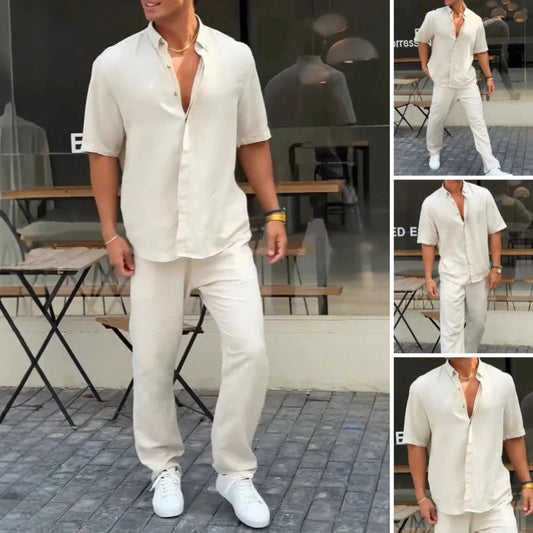 Camisa de manga corta para hombre con solapa lisa y pantalón, conjunto de 2 piezas
