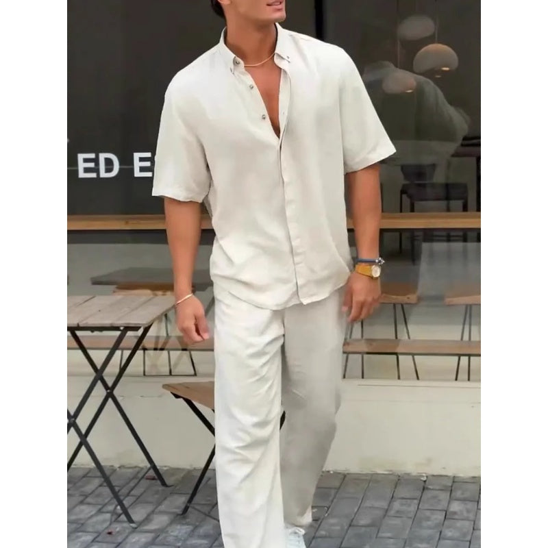 Camisa de manga corta para hombre con solapa lisa y pantalón, conjunto de 2 piezas