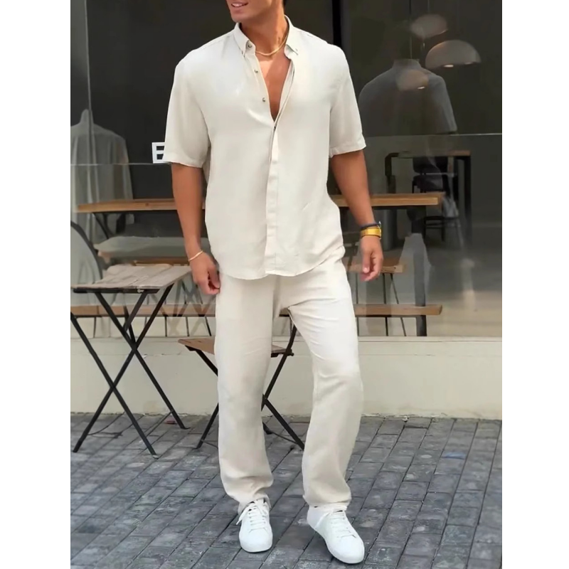Camisa de manga corta para hombre con solapa lisa y pantalón, conjunto de 2 piezas