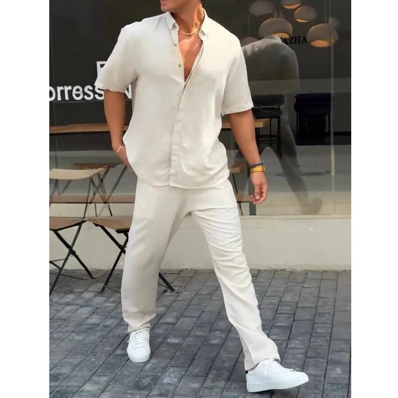 Camisa de manga corta para hombre con solapa lisa y pantalón, conjunto de 2 piezas